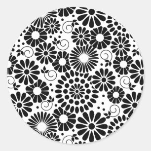 Retro Black white blommor Sticker Runt Klistermärke