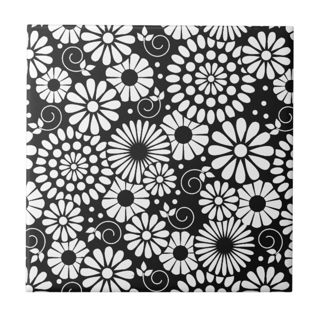 Retro Black white blommor Tile Kakelplatta (Framsidan)