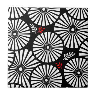 Retro Black white blommor Tile Kakelplatta