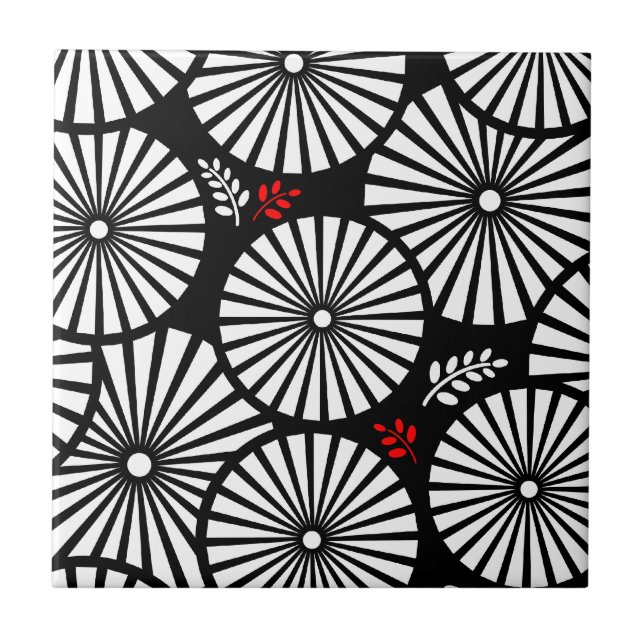 Retro Black white blommor Tile Kakelplatta (Framsidan)