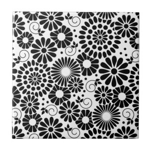 Retro Black white blommor Tile Kakelplatta