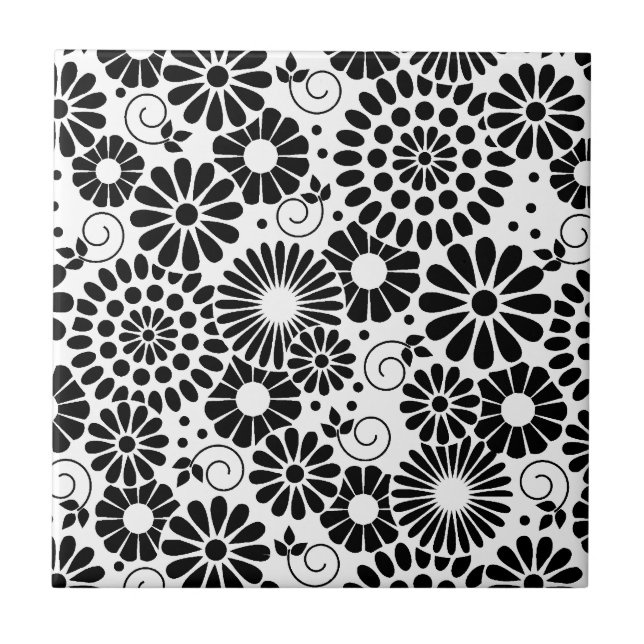 Retro Black white blommor Tile Kakelplatta (Framsidan)