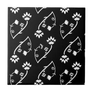 Retro Black white blommor Tile Kakelplatta