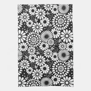 Retro Black white blommor Towel Kökshandduk