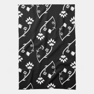 Retro Black white blommor Towel Kökshandduk