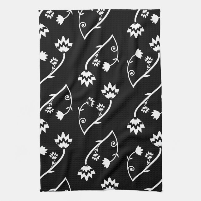 Retro Black white blommor Towel Kökshandduk (Vertikal)