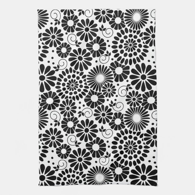 Retro Black white blommor Towel Kökshandduk (Vertikal)