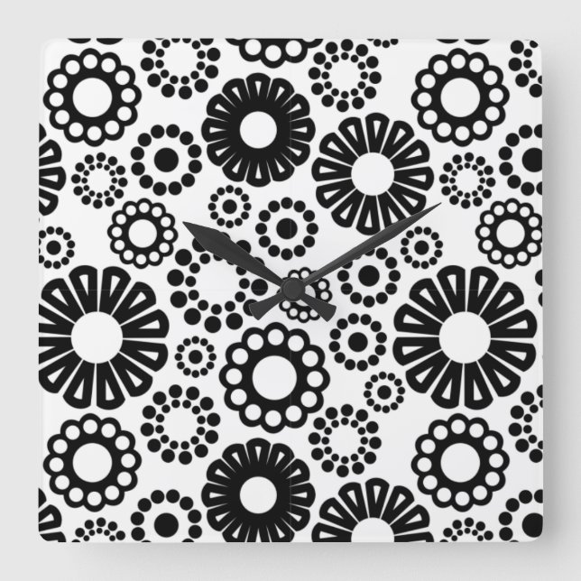 Retro Black white blommor Wall Clock Fyrkantig Klocka (Framsida)