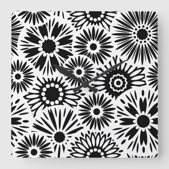 Retro Black white blommor Wall Clock Fyrkantig Klocka (Framsida)