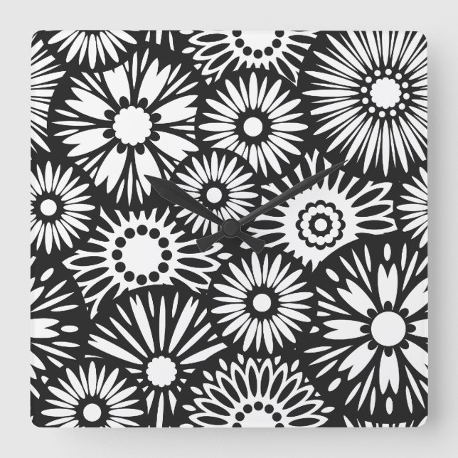 Retro Black white blommor Wall Clock Fyrkantig Klocka (Framsida)