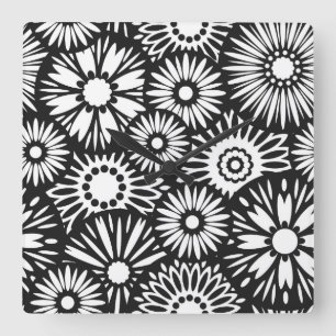 Retro Black white blommor Wall Clock Fyrkantig Klocka