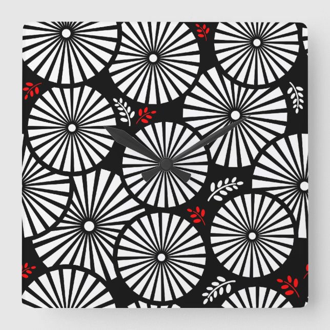 Retro Black white blommor Wall Clock Fyrkantig Klocka (Framsida)
