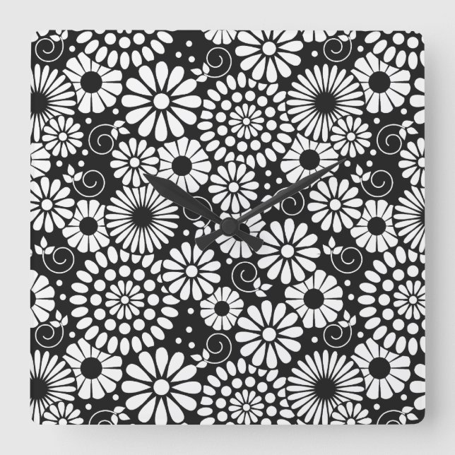 Retro Black white blommor Wall Clock Fyrkantig Klocka (Framsida)