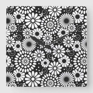 Retro Black white blommor Wall Clock Fyrkantig Klocka