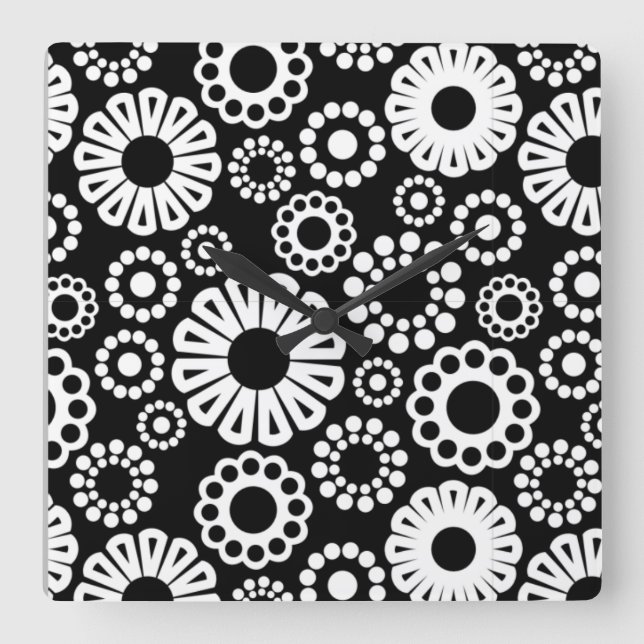 Retro Black white blommor Wall Clock Fyrkantig Klocka (Framsida)