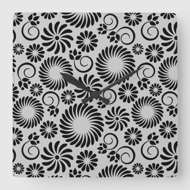 Retro Black white blommor Wall Clock Fyrkantig Klocka (Framsida)