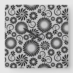 Retro Black white blommor Wall Clock Fyrkantig Klocka