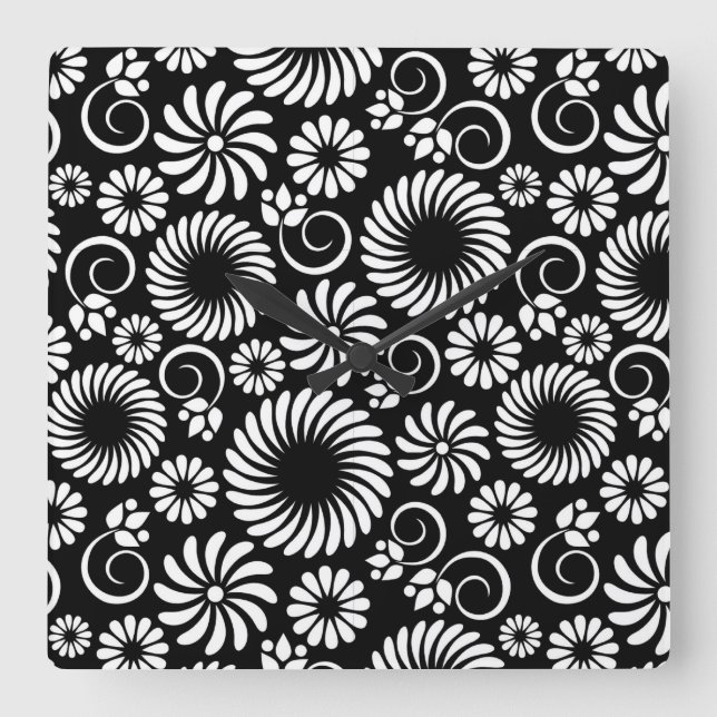 Retro Black white blommor Wall Clock Fyrkantig Klocka (Framsida)