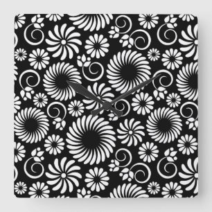 Retro Black white blommor Wall Clock Fyrkantig Klocka