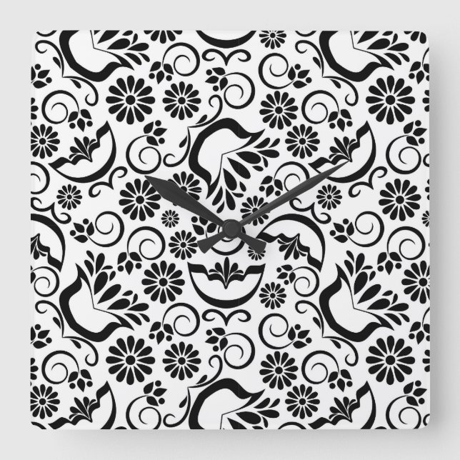 Retro Black white blommor Wall Clock Fyrkantig Klocka (Framsida)