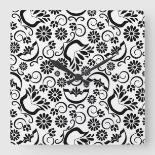 Retro Black white blommor Wall Clock Fyrkantig Klocka