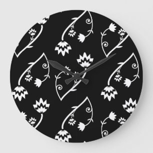 Retro Black white blommor Wall Clock Stor Klocka