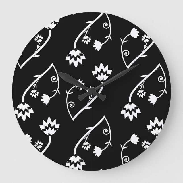Retro Black white blommor Wall Clock Stor Klocka (Framsida)