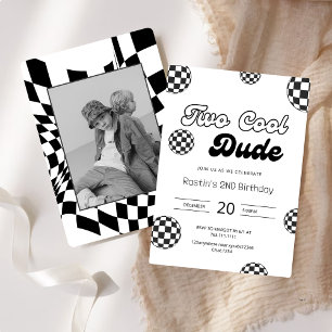 Retro Black & White Checkat Mönster 2:a födelsedag Inbjudningar