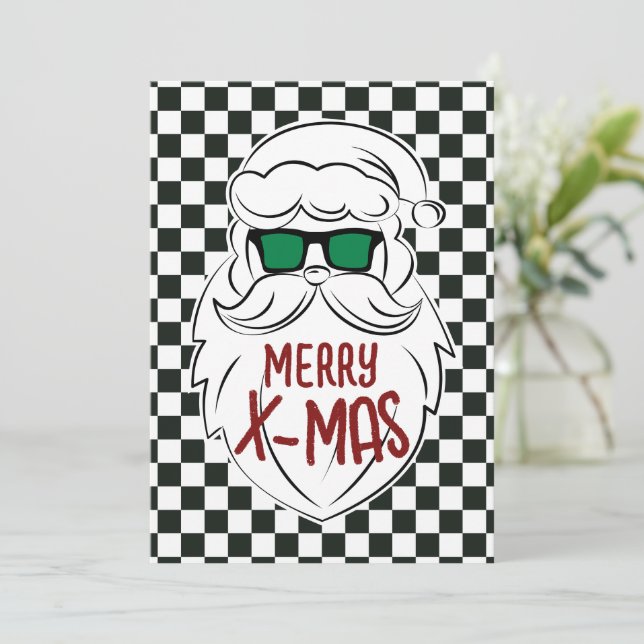 Retro Black White Checkered Santa Claus Christmas  Julkort (Stående Fram)