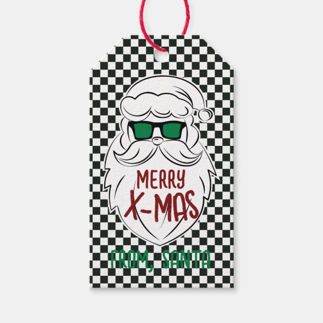 Retro Black White Checkered Santa Claus Christmas  Presentetikett (Framsidan)