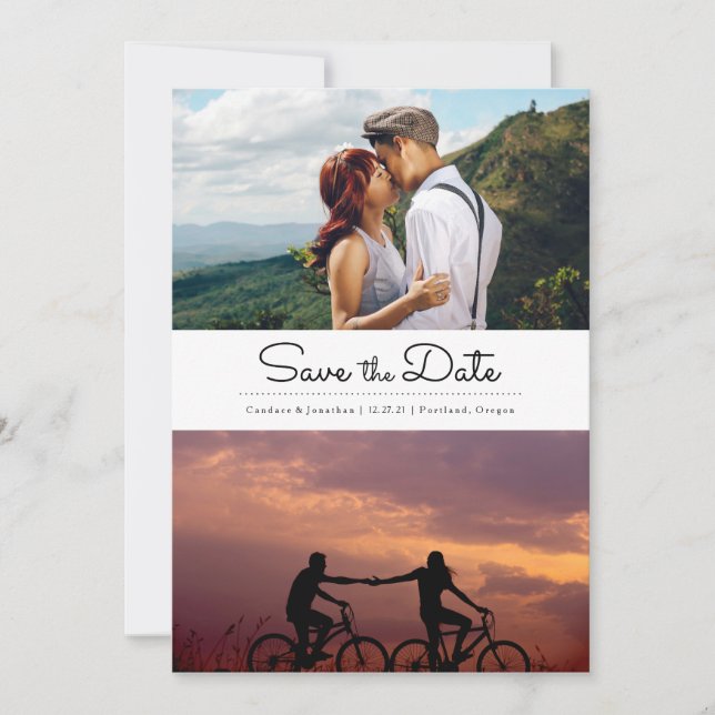 Retro Black & White Dots Two Photo Save Date Spara Datumet (Framsida)