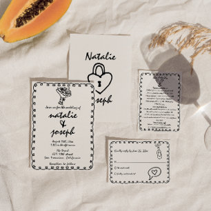 Retro Black & White Hand plockade Quirky Bröllop Inbjudningar