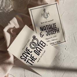 Retro Black White Hand plockade Quirky Unik Bröllo Spara Datumet