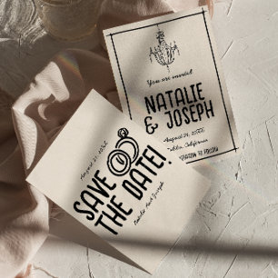 Retro Black White Hand plockade Quirky Unik Bröllo Spara Datumet
