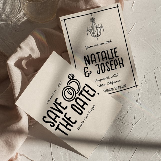 Retro Black White Hand plockade Quirky Unik Bröllo Spara Datumet (Skapare uppladdad)