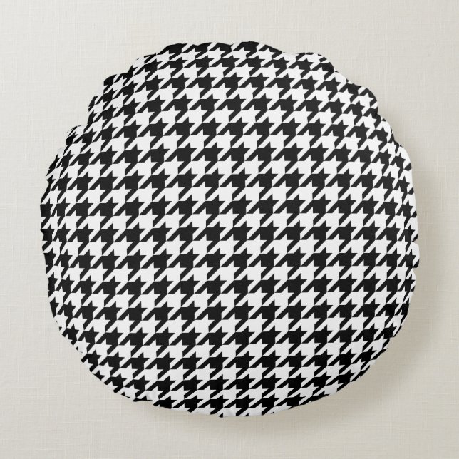 Retro Black White Houndstooth Weaking Mönster Rund Kudde (Framsidan)