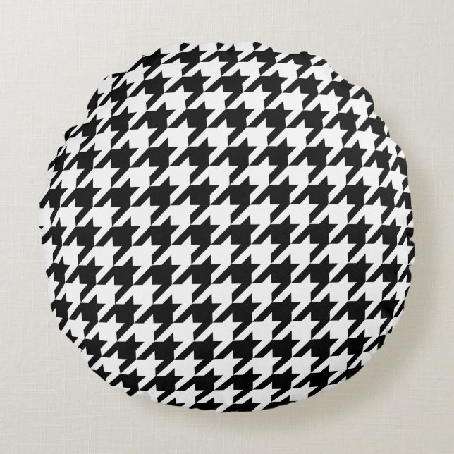 Retro Black White Houndstooth Weaking Mönster Rund Kudde (Framsidan)