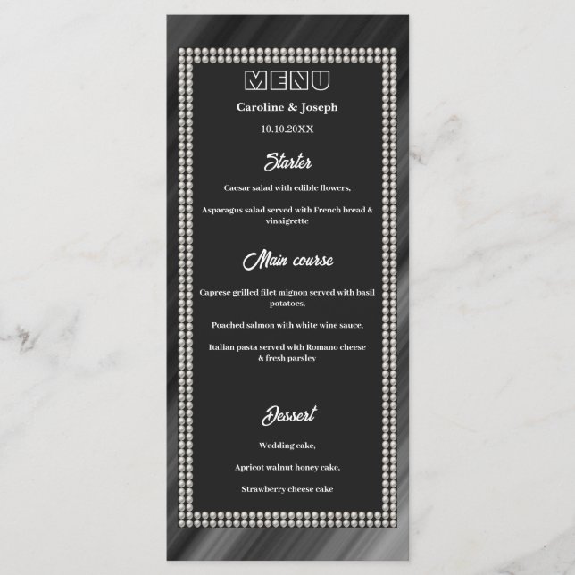 Retro Black & White, Pearls Bröllop Menu Meny (Framsida)