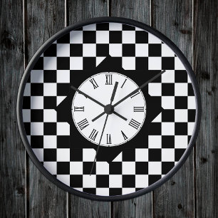 Retro Black & White-ruta, Kontrollerad mönster Rund Klocka