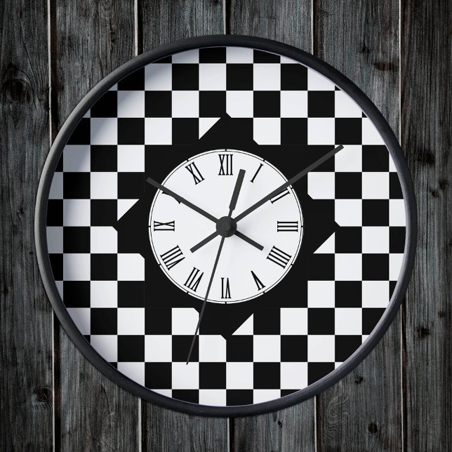 Retro Black & White-ruta, Kontrollerad mönster Rund Klocka (Skapare uppladdad)