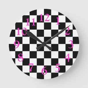 Retro Black/White/Shock rosa Checkerboard Mönster Rund Klocka