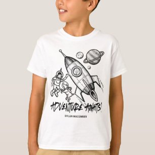 Retro Black White Space Travel Rocket Astronaut T Shirt