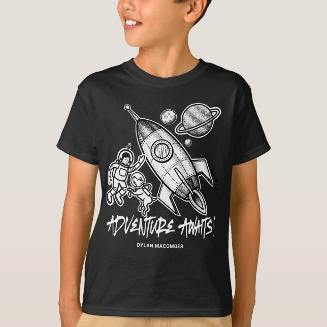 Retro Black White Space Travel Rocket Astronaut T- T Shirt (Framsida)