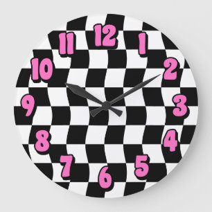 Retro Black White Vågigt Checkerboard Mönster Stor Klocka
