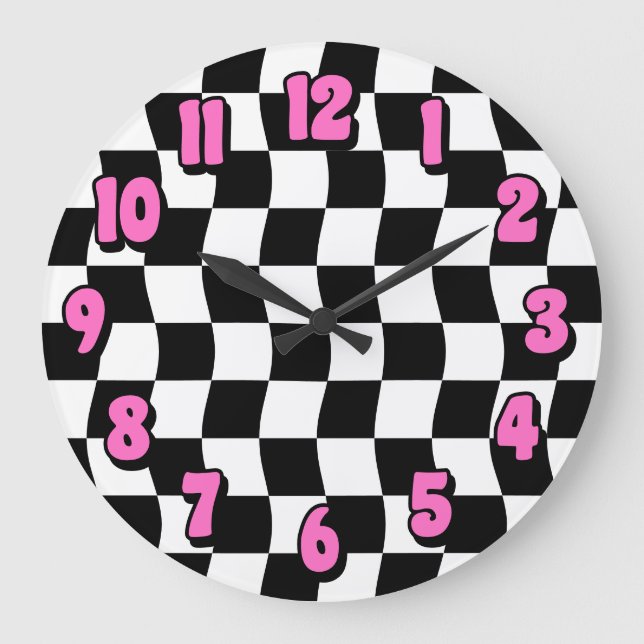 Retro Black White Vågigt Checkerboard Mönster Stor Klocka (Framsida)