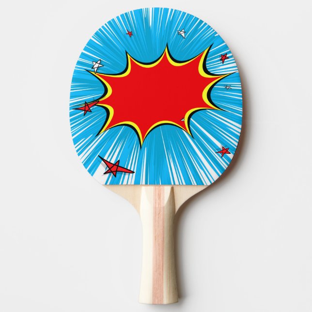 Retro blått & röd stjärnatecknadexplosion pingisracket (Framsidan)