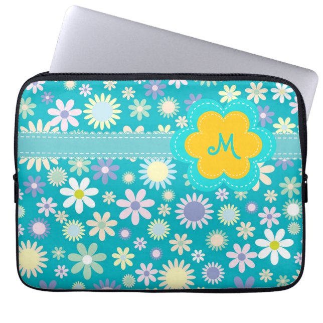 Retro blåttflower powerMonogram Laptop Fodral (Framsidan)