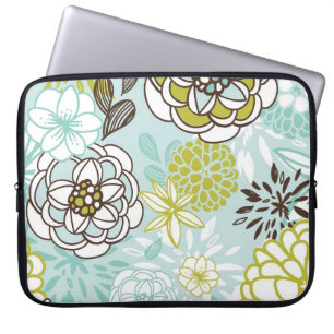 Retro blom- design i grönt & blått laptop sleeve