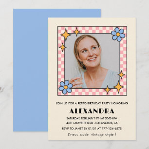 Retro blomfoto 56-års inbjudan Blå
