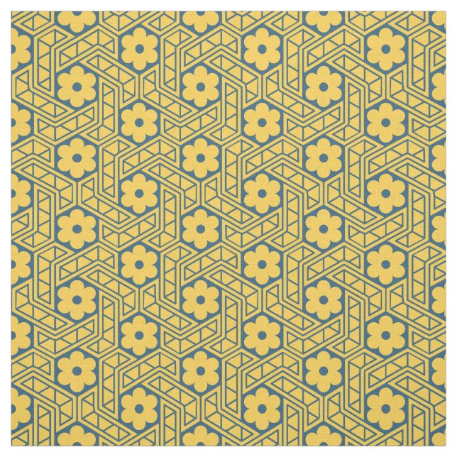 Retro blomhexagonmönster - Gult och blått Tyg (Provkarta)